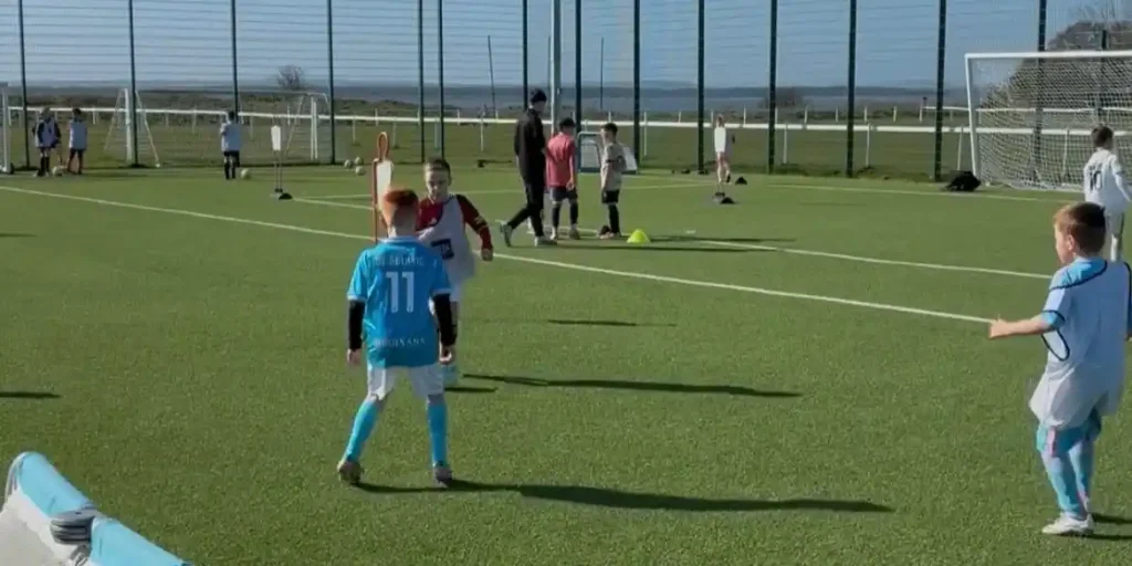 Young footballers training at Monifieth Athletic FC, Riverview, Monifieth.